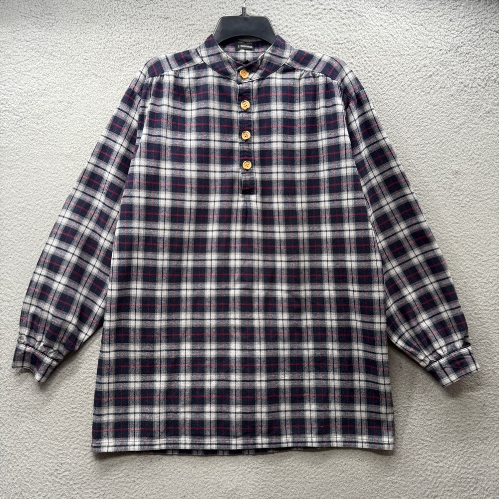 J. Peterman Henley Button Neck Shirt Men’s Size S Black Plaid Long Puff Sleeve